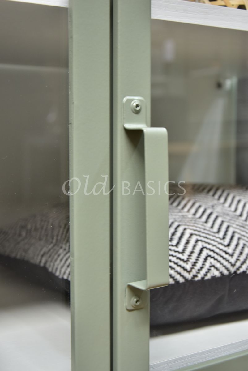 Detail van Apothekerskast Vitrine, 2 deuren, RAL7033, groen, grijs, materiaal staal